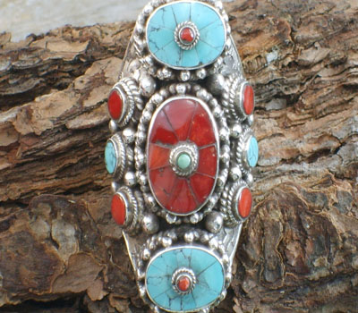 Tibetan Ring Turquoise & Coral - Royalty - sz 10